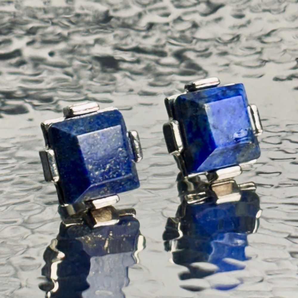Lapis Lazuli “Wisdom & Truth” Square Cabochon and Silver Metal Stud Earrings